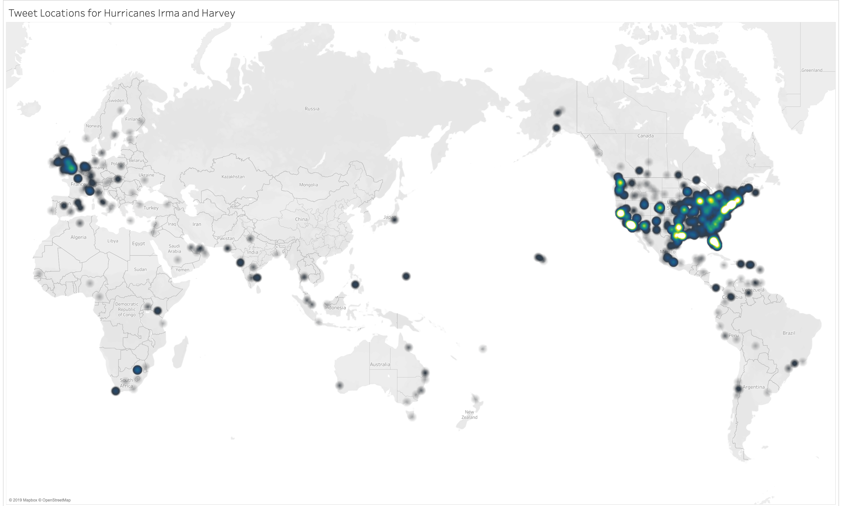 A quick sketch of the "place" data in Tableau. The tweets are taken from just a few days surrounding the storm. One could perhaps argue that these maps show discourse around the storm forming equally in unaffected metro areas as places that fell in the storm's path.