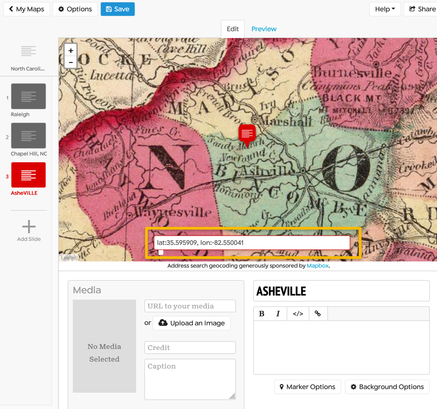 This is an example of a georeferenced map of North Carolina using the StoryMap JS search feature to find the city: Asheville, NC, United States using geographic coordinates.