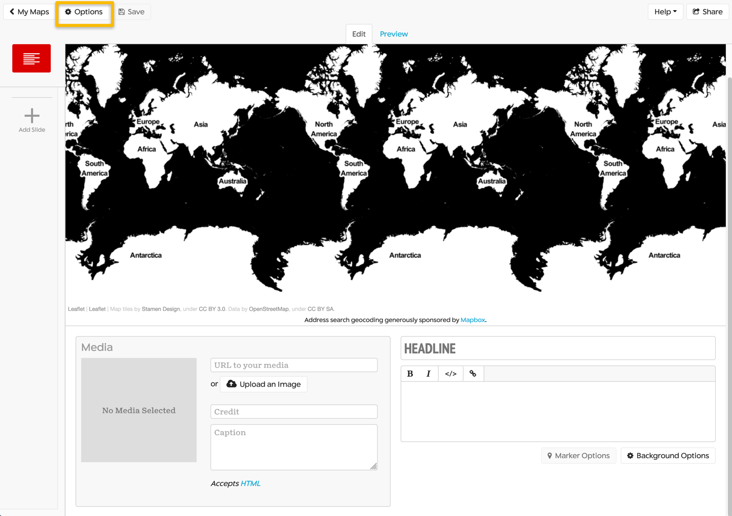 Options dialog box in StoryMap JS.