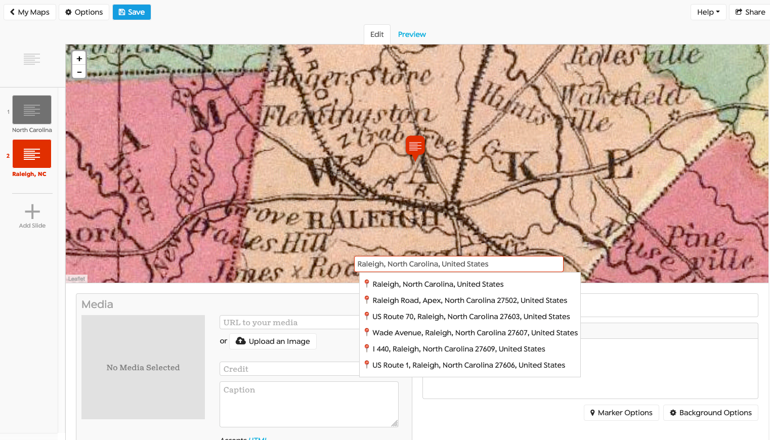 This is an example of a georeferenced map of North Carolina using the StoryMap JS search feature to find the city: Raleigh, NC, United States.