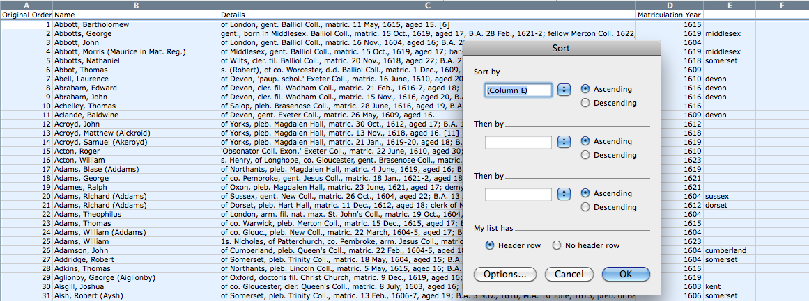 Adding an original order column and sorting the entries