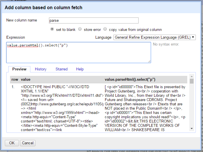 Edit the GREL expression, parseHtml function