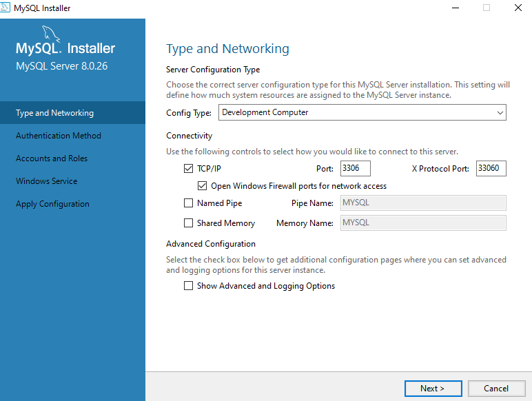 Development Computer TCPIP Port 3306