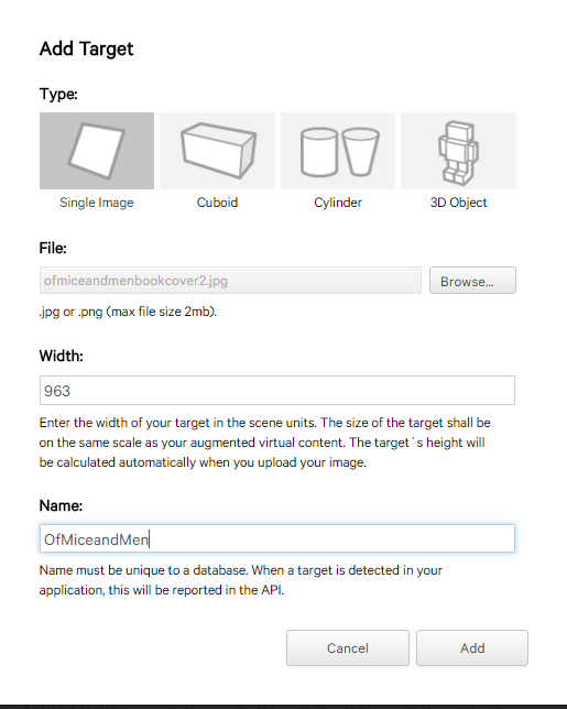 Image Target upload options