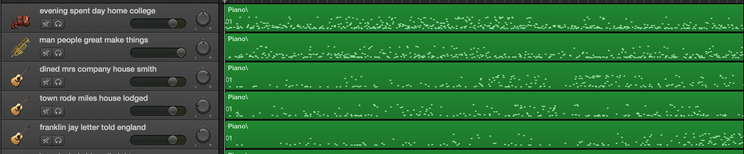 Screenshot of Garageband, where the midi files are sonified topics from John Adams' Diary. In the Garageband interface (LMMS is similar), each midi file is dragged-and-dropped into place. The instrumentation for each midi file (ie track) can be selected from Garageband's menus. The labels for each track have here been changed to reflect the key words in each topic. The green area to the right represents a visualization of the notes in each track. You can watch this interface in action and listen to the music [here](https://youtu.be/ikqRXtI3JeA).