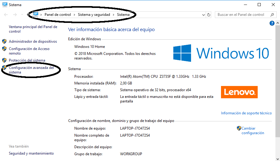 Figura 1: Configuración avanzada del sistema en Windows